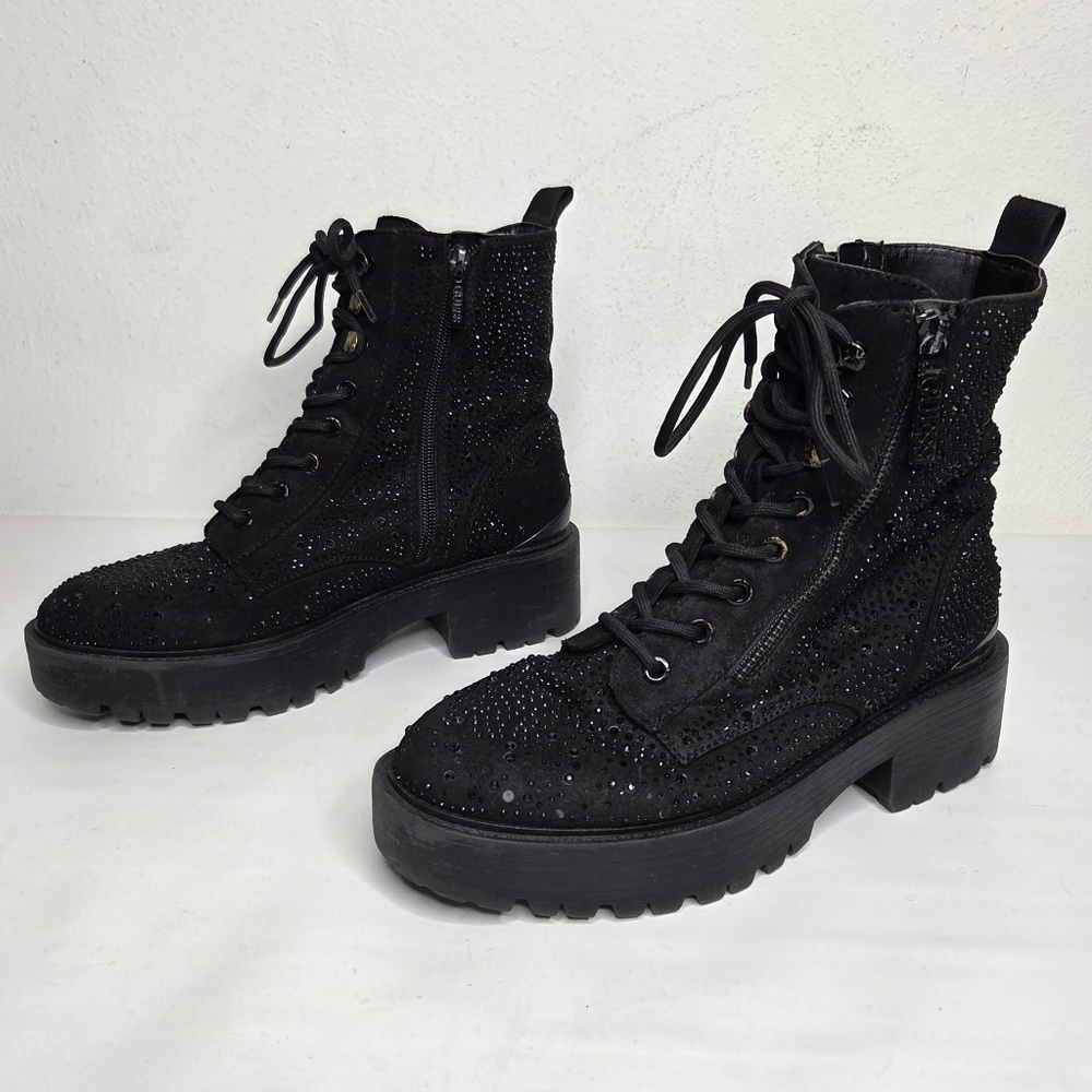 GUESS Fearnea Rhinestone Combat Boot Chunky Whimsigoth Grunge Lug Sole Black 8M